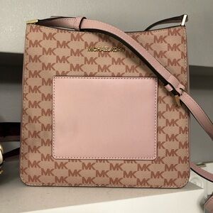 Michael Kors Pink and Tan Crossbody Bag with Signature Monogram